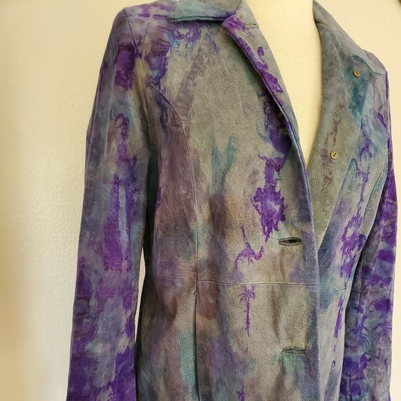 Leather suede trench Jacket Blazer peacoat small 6 8 10 purple blue black gray - Picture 6 of 8